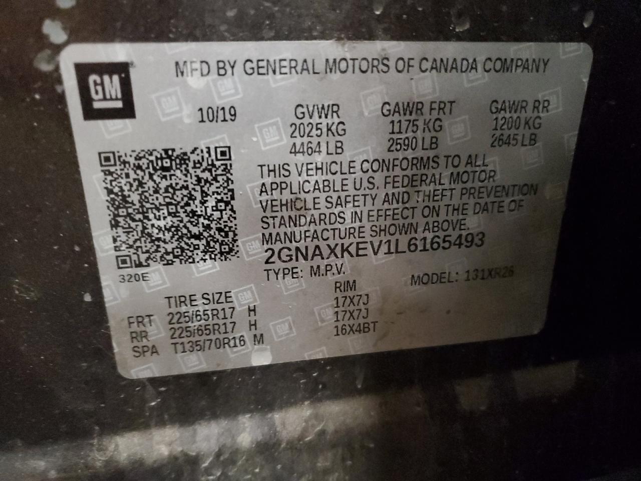2GNAXKEV1L6165493 CHEVROLET EQUINOX 2020