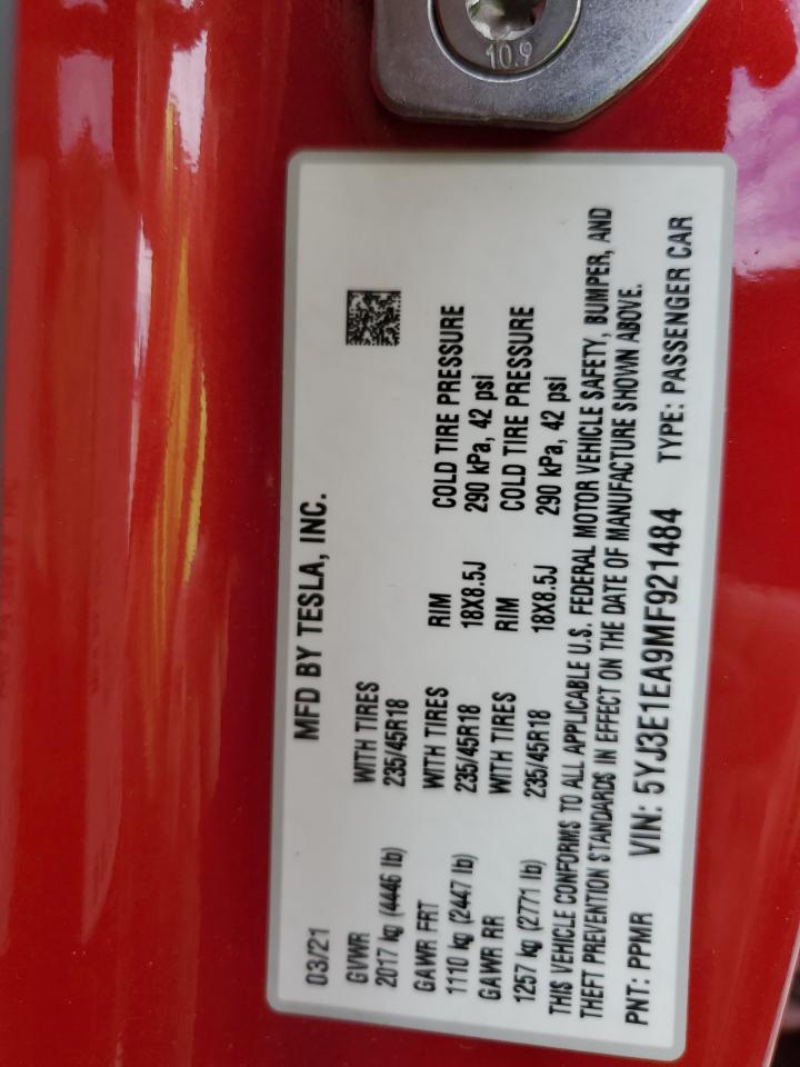 2021 Tesla Model 3 VIN: 5YJ3E1EA9MF921484 Lot: 75955554