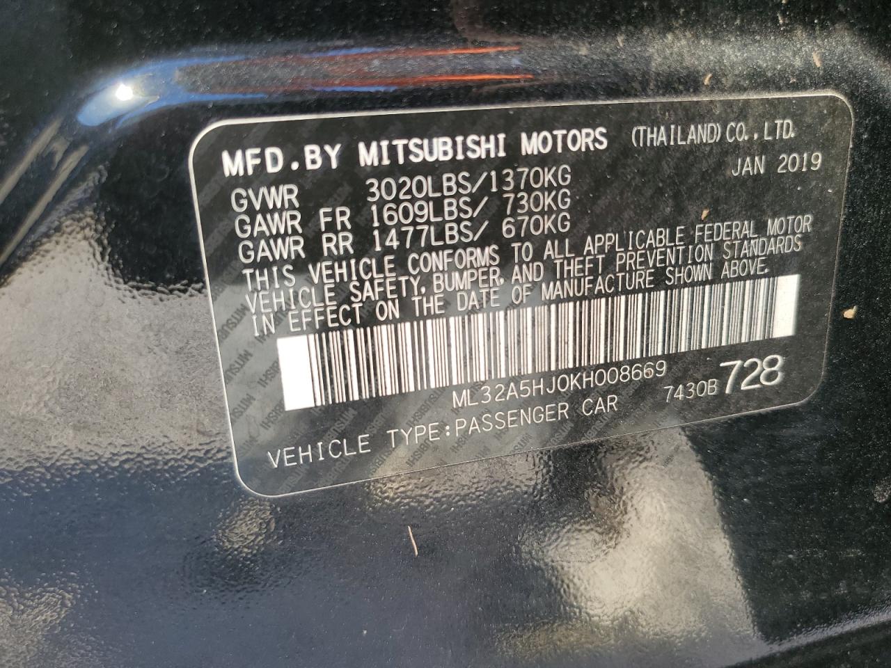 ML32A5HJ0KH008669 2019 Mitsubishi Mirage Le