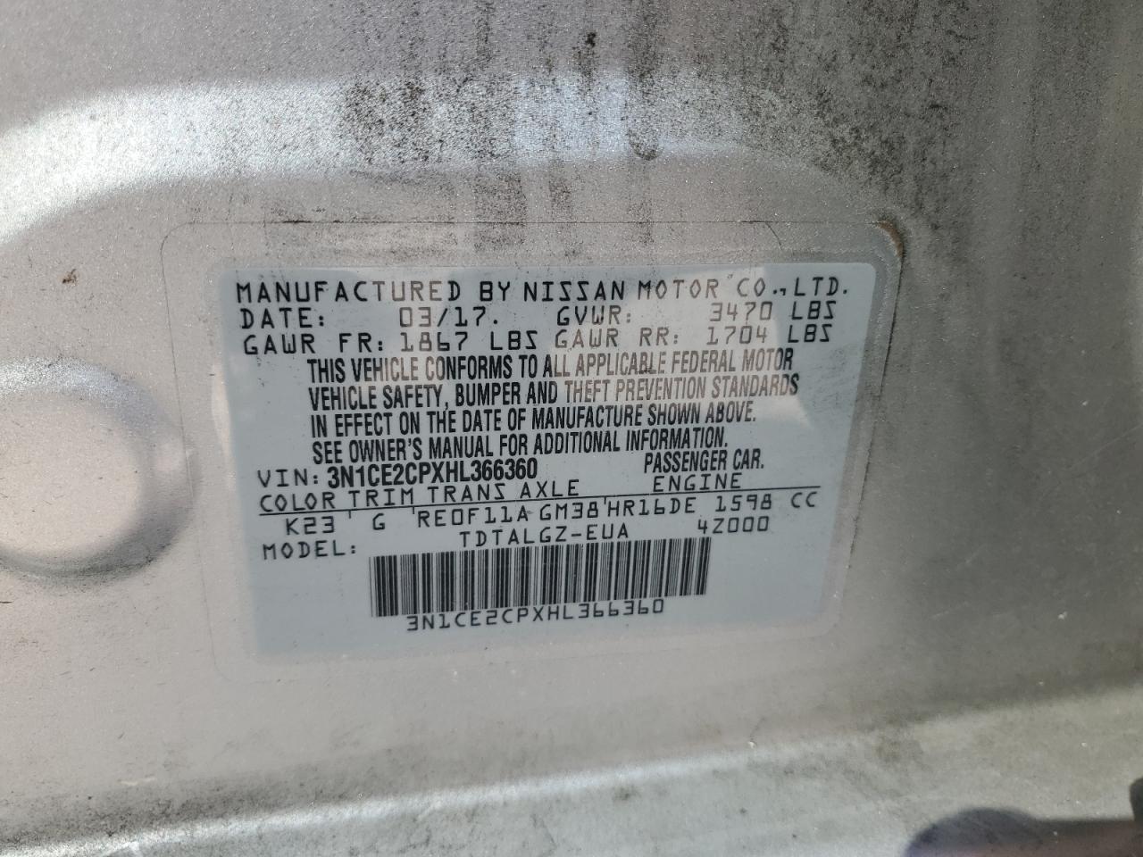 3N1CE2CPXHL366360 2017 Nissan Versa Note S