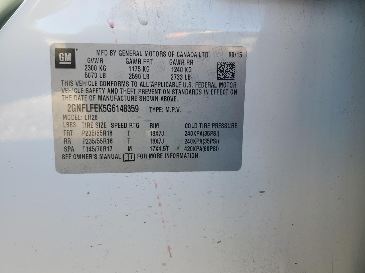 2GNFLFEK5G6148359 2016 Chevrolet Equinox Lt