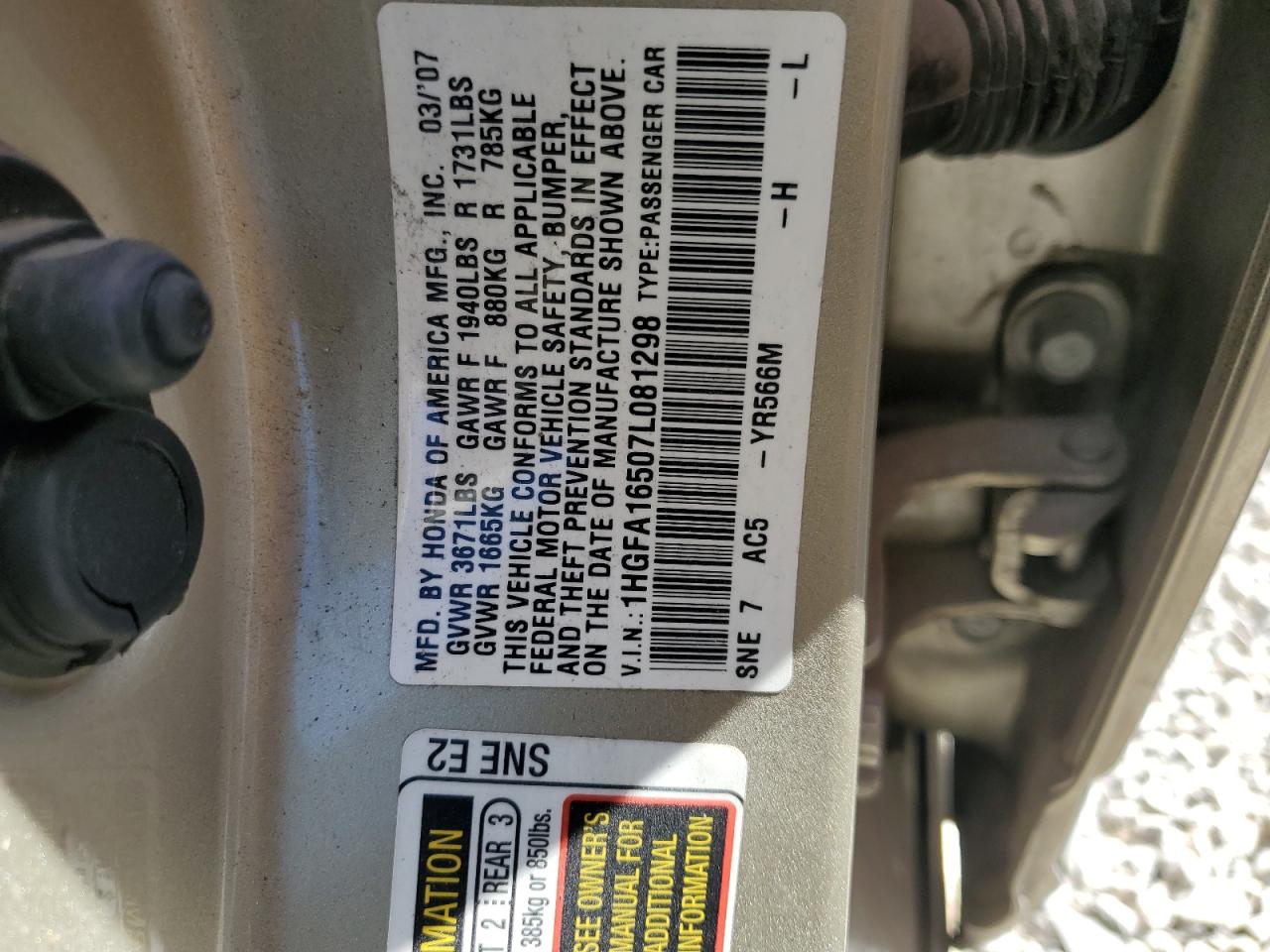 1HGFA16507L081298 2007 Honda Civic Lx