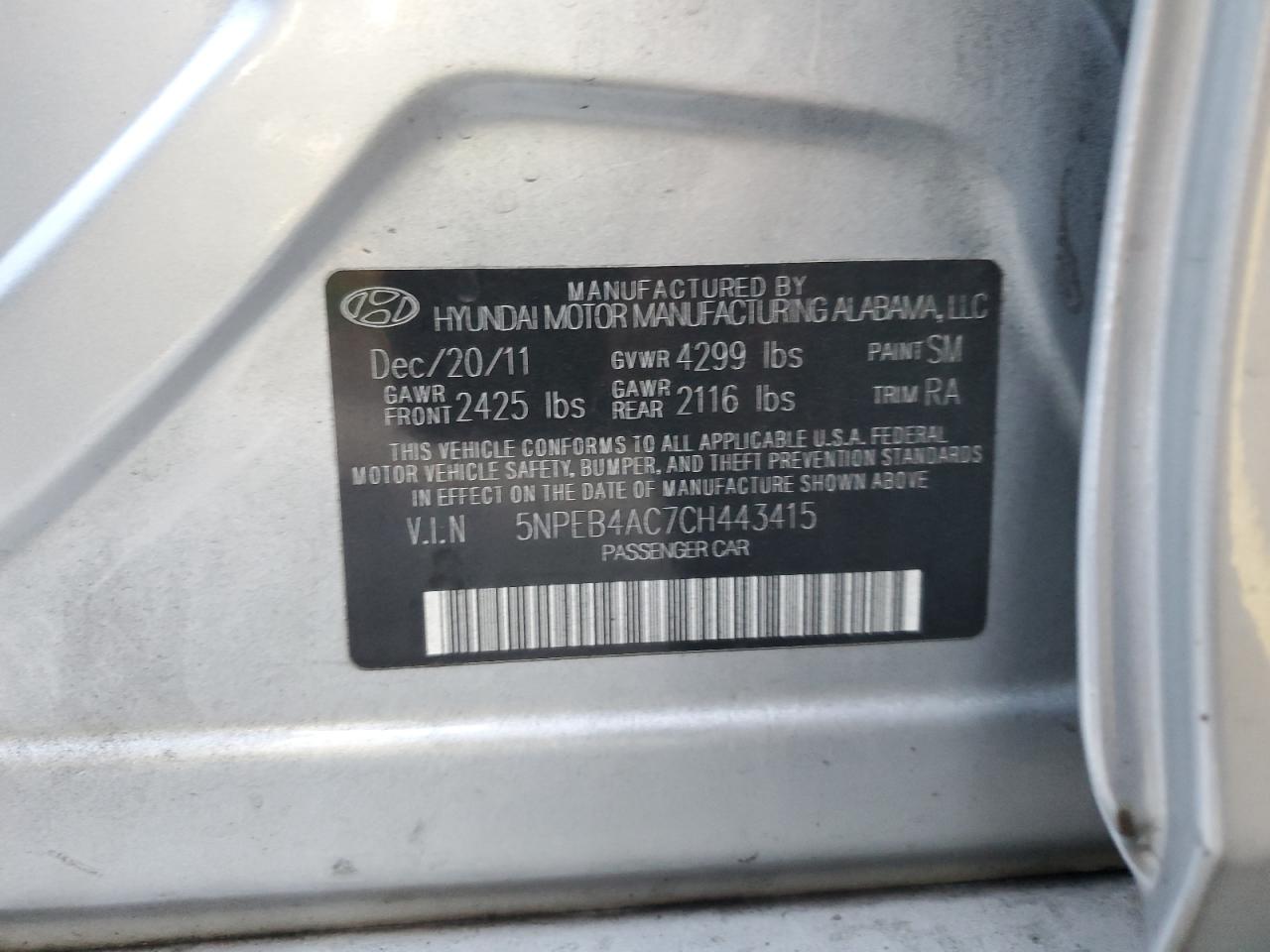 5NPEB4AC7CH443415 2012 Hyundai Sonata Gls