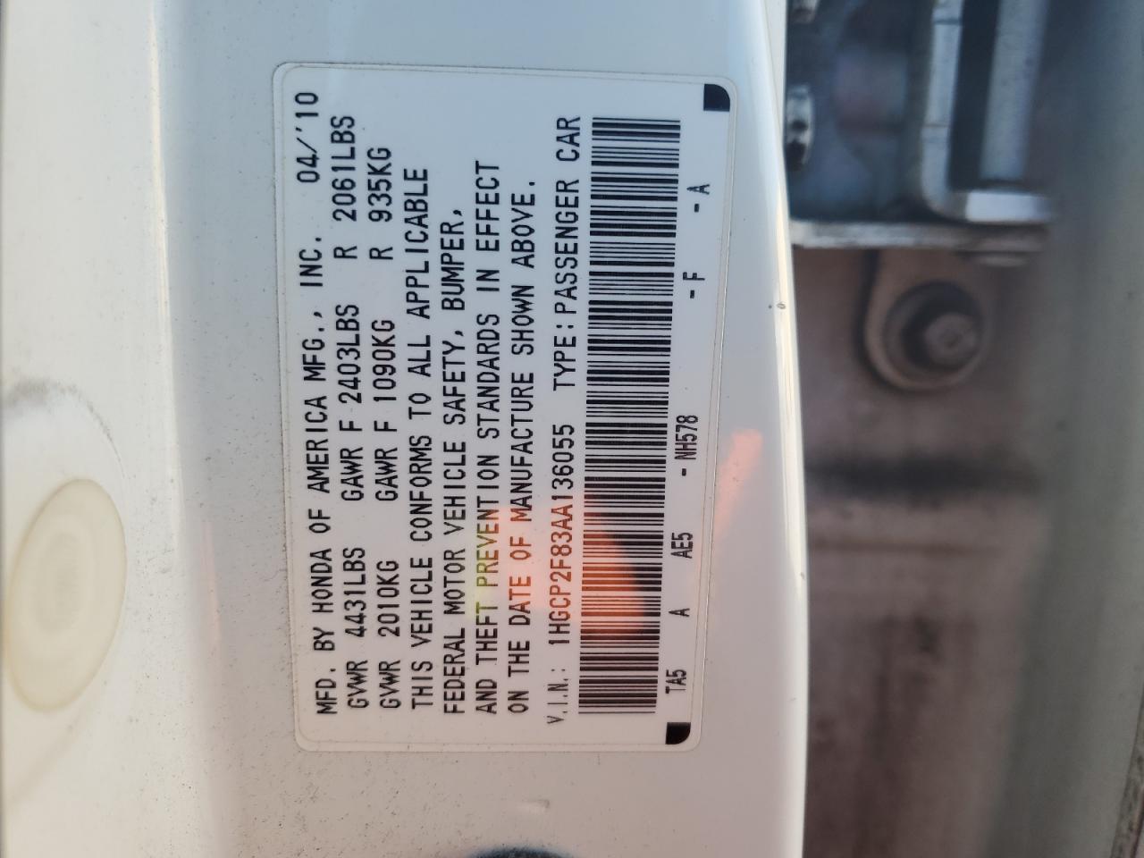 1HGCP2F83AA136055 2010 Honda Accord Exl