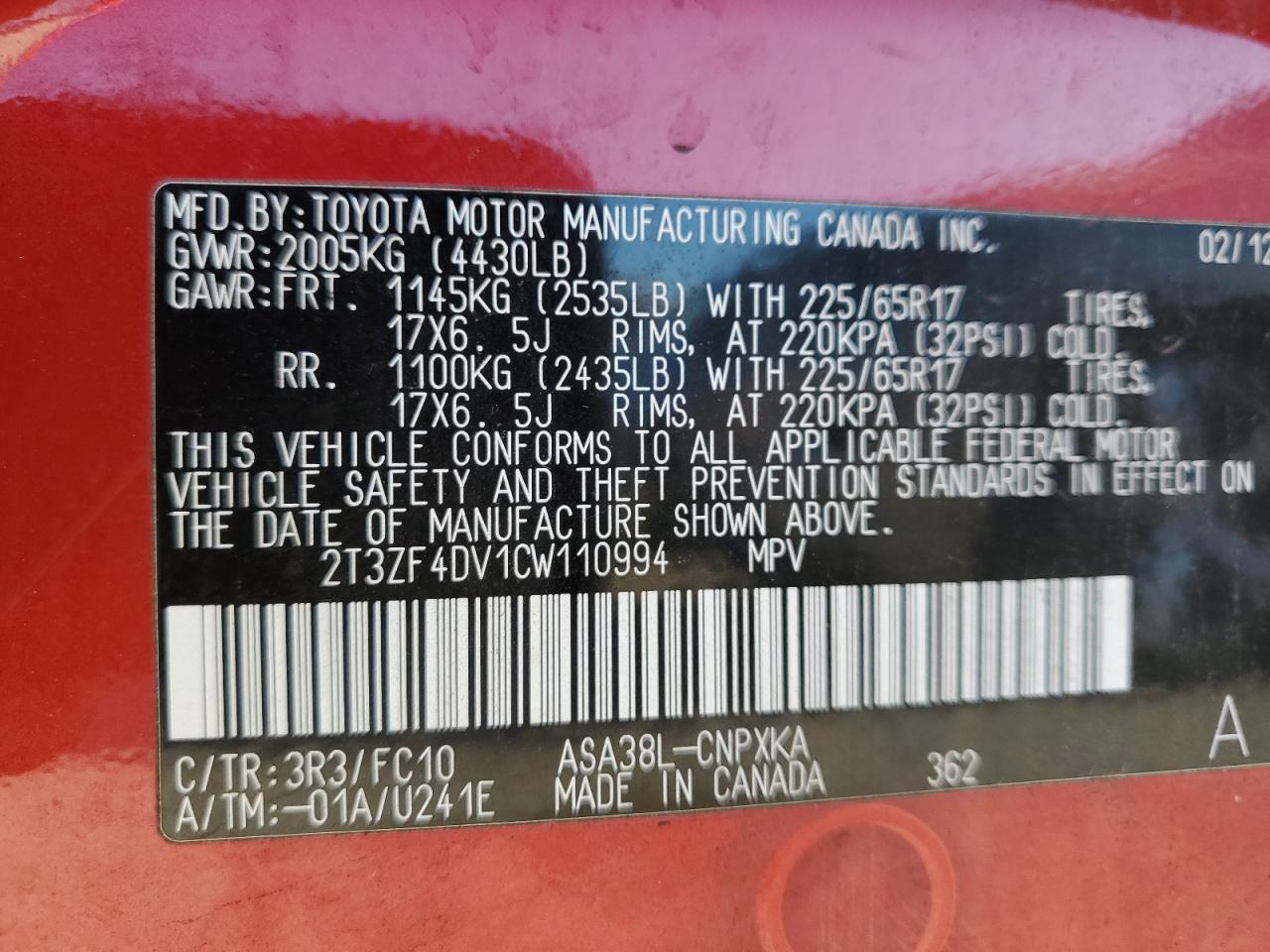 2T3ZF4DV1CW110994 2012 Toyota Rav4