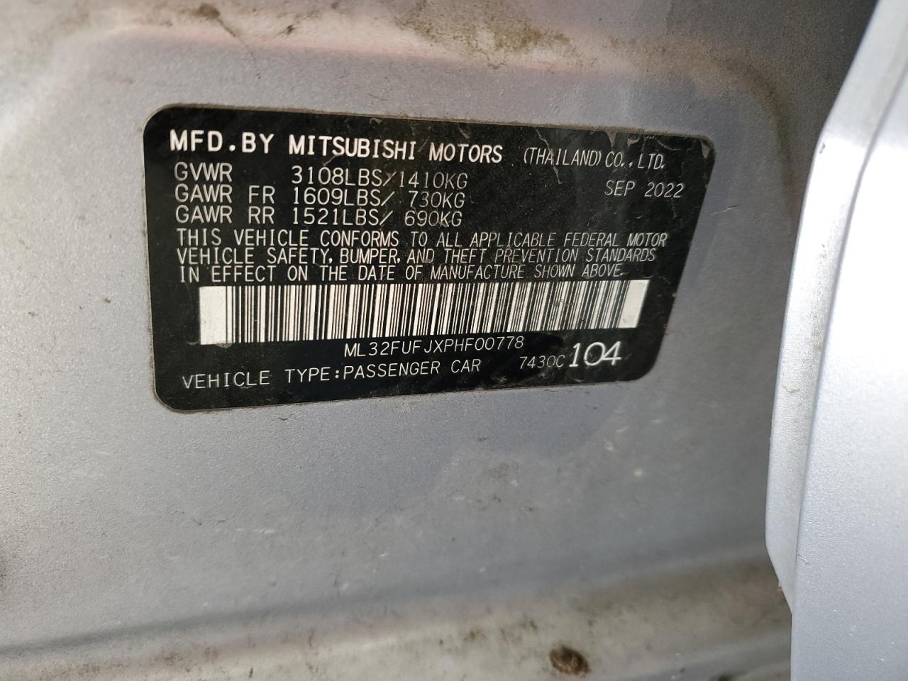 2023 Mitsubishi Mirage G4 Es VIN: ML32FUFJXPHF00778 Lot: 78389014