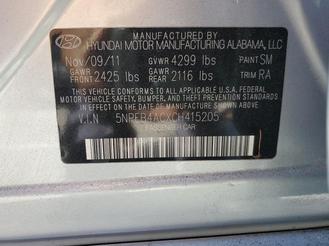 5NPEB4ACXCH415205 2012 Hyundai Sonata Gls