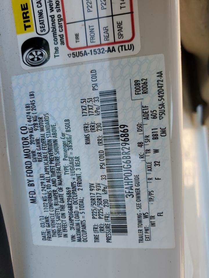 2011 Ford Fusion Sel VIN: 3FAHP0JG6BR296869 Lot: 74996244