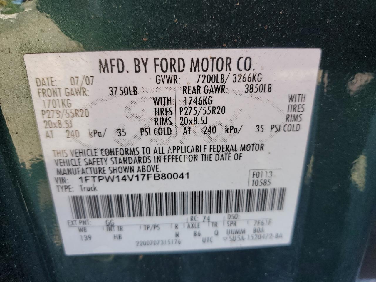 1FTPW14V17FB80041 2007 Ford F150 Supercrew