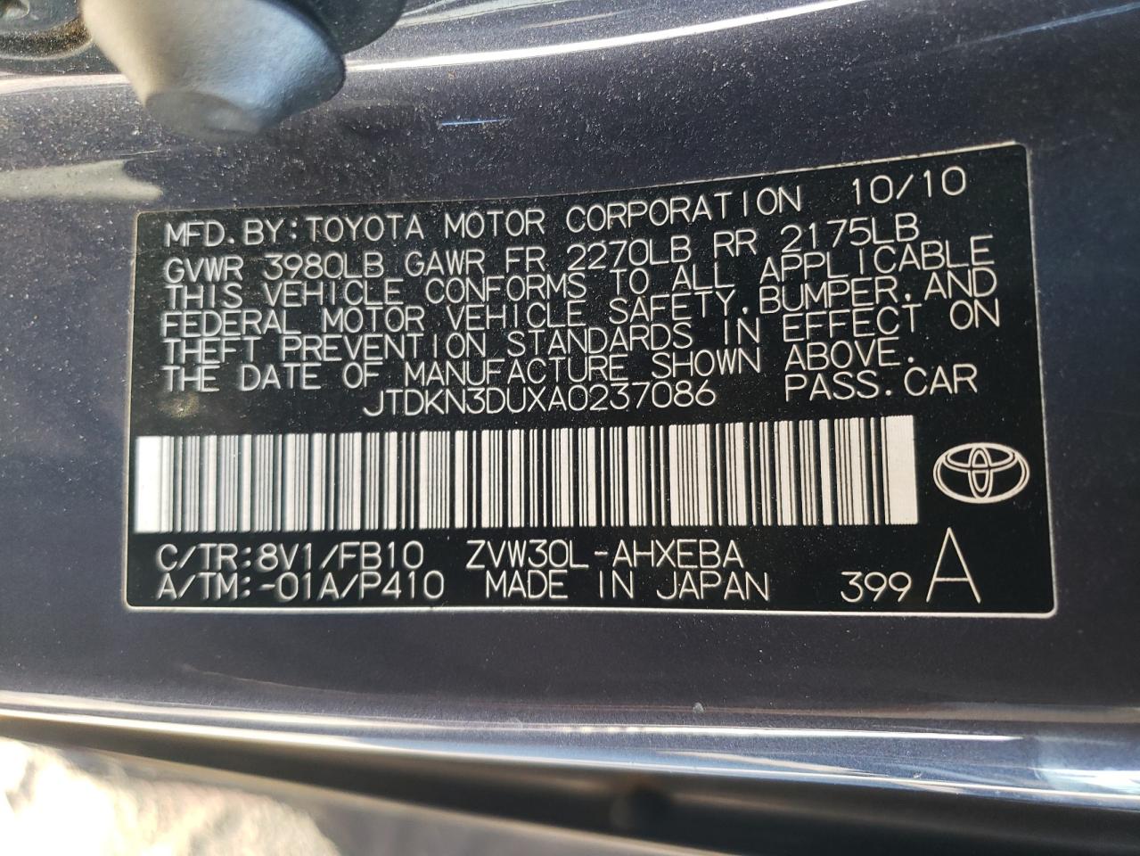 2010 Toyota Prius VIN: JTDKN3DUXA0237086 Lot: 78519244