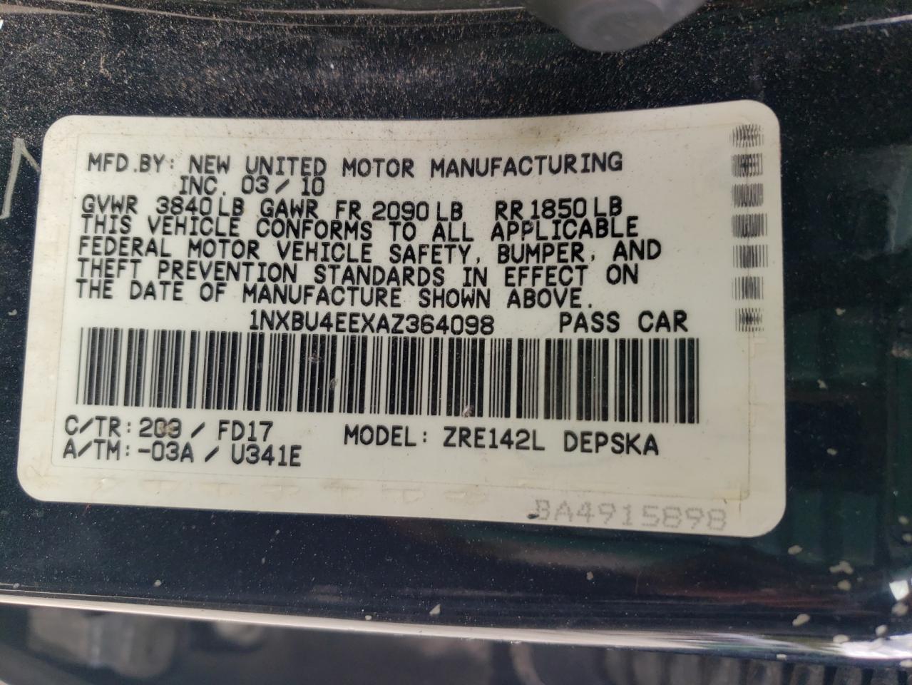 1NXBU4EEXAZ364098 2010 Toyota Corolla Base