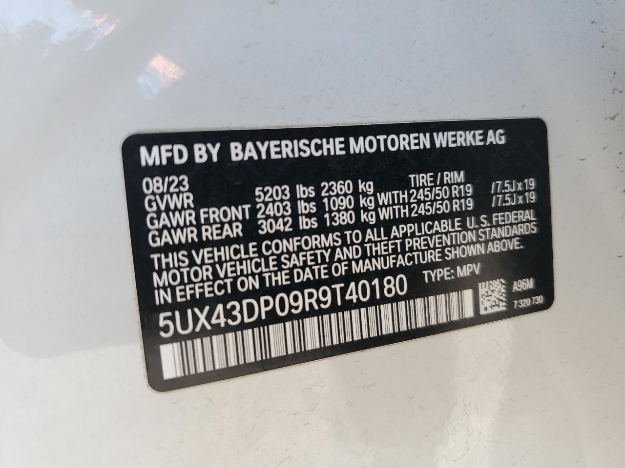 2024 BMW X3 Sdrive30I VIN: 5UX43DP09R9T40180 Lot: 78093084