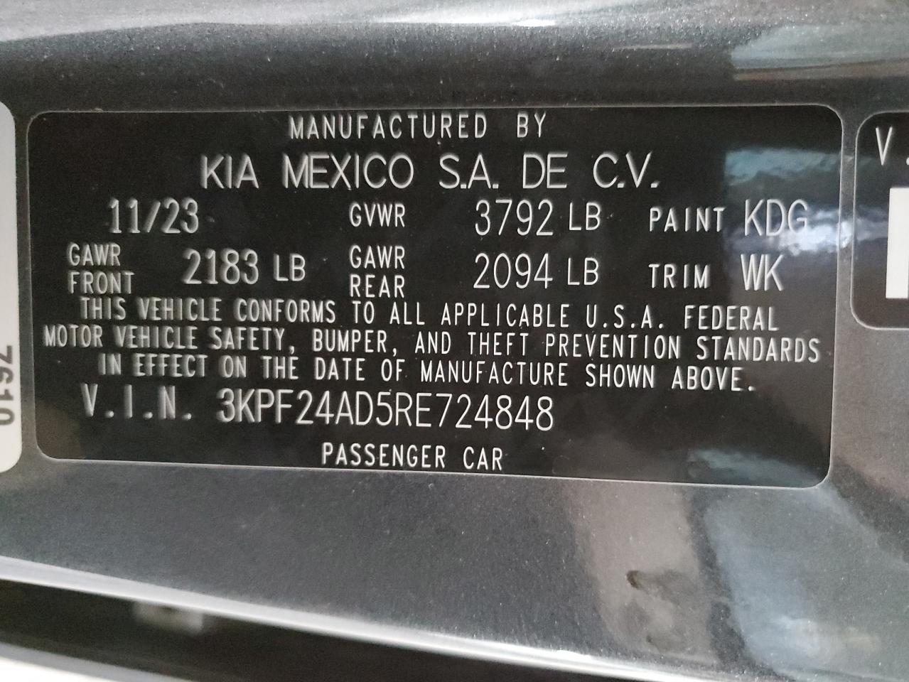 2024 Kia Forte Lx VIN: 3KPF24AD5RE724848 Lot: 78102734