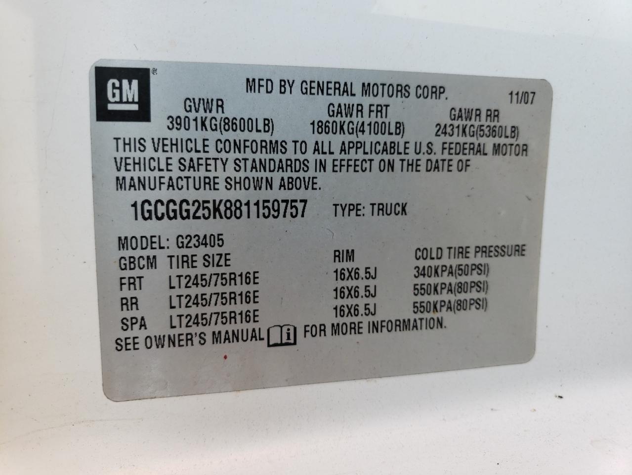 1GCGG25K881159757 2008 Chevrolet Express G2500