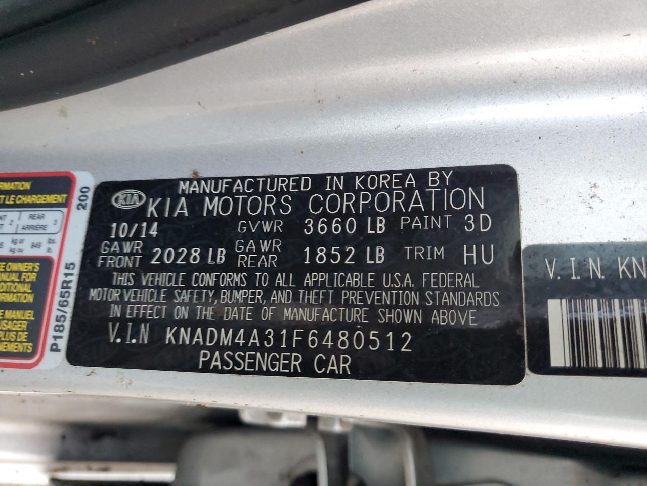 KNADM4A31F6480512 2015 Kia Rio Lx