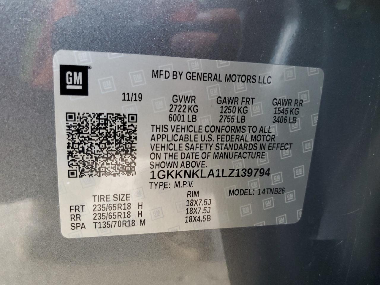 1GKKNKLA1LZ139794 2020 GMC Acadia Sle