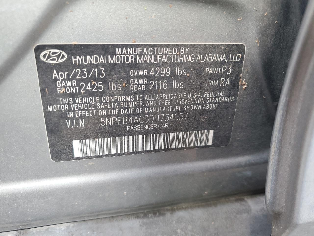 5NPEB4AC3DH734057 2013 Hyundai Sonata Gls