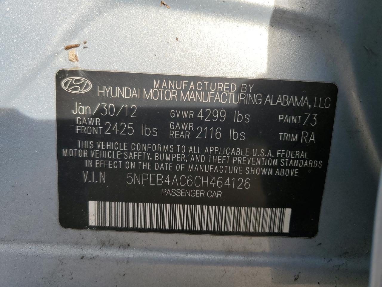 5NPEB4AC6CH464126 2012 Hyundai Sonata Gls