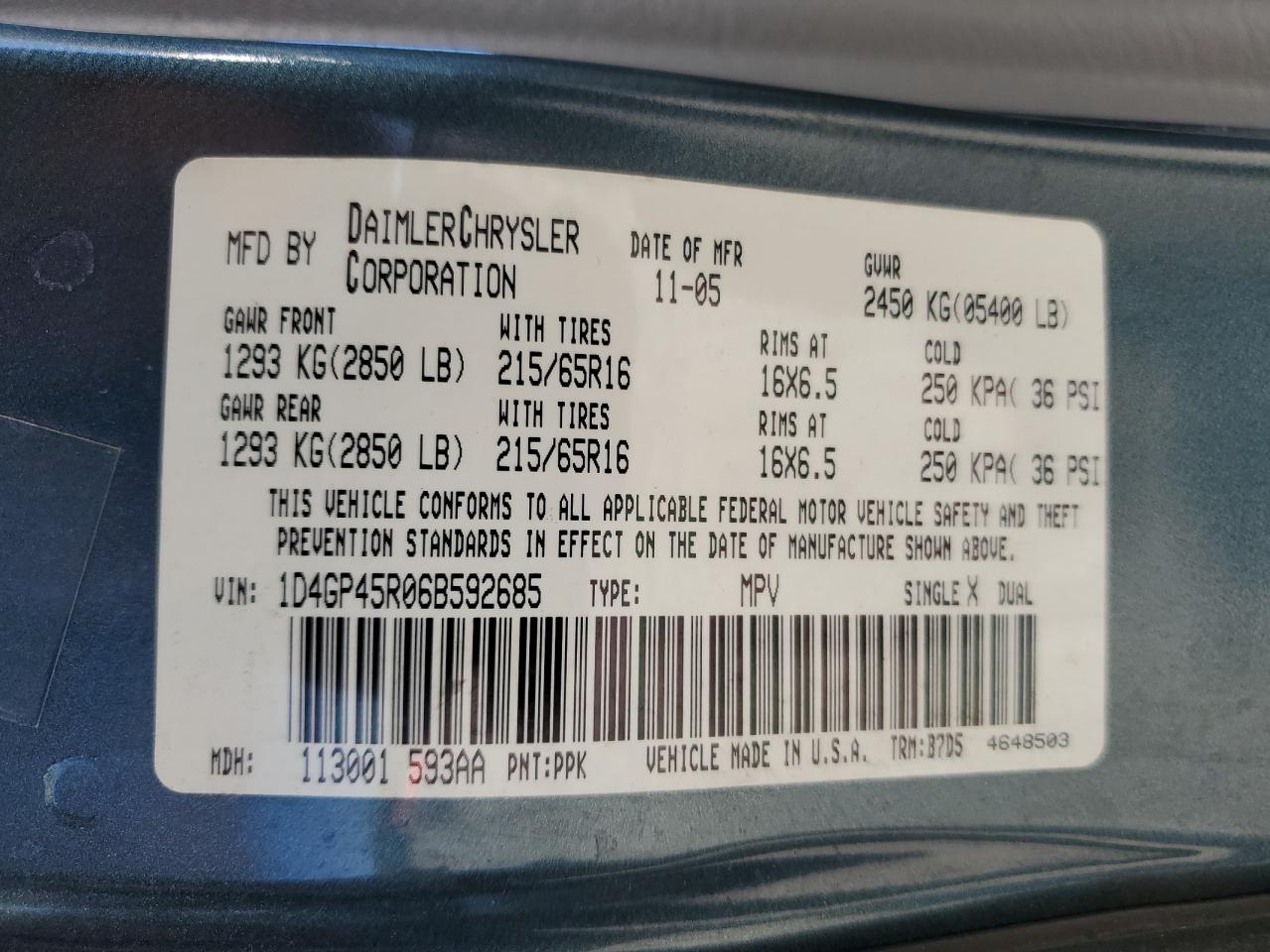 2006 Dodge Caravan Sxt VIN: 1D4GP45R06B592685 Lot: 72311774