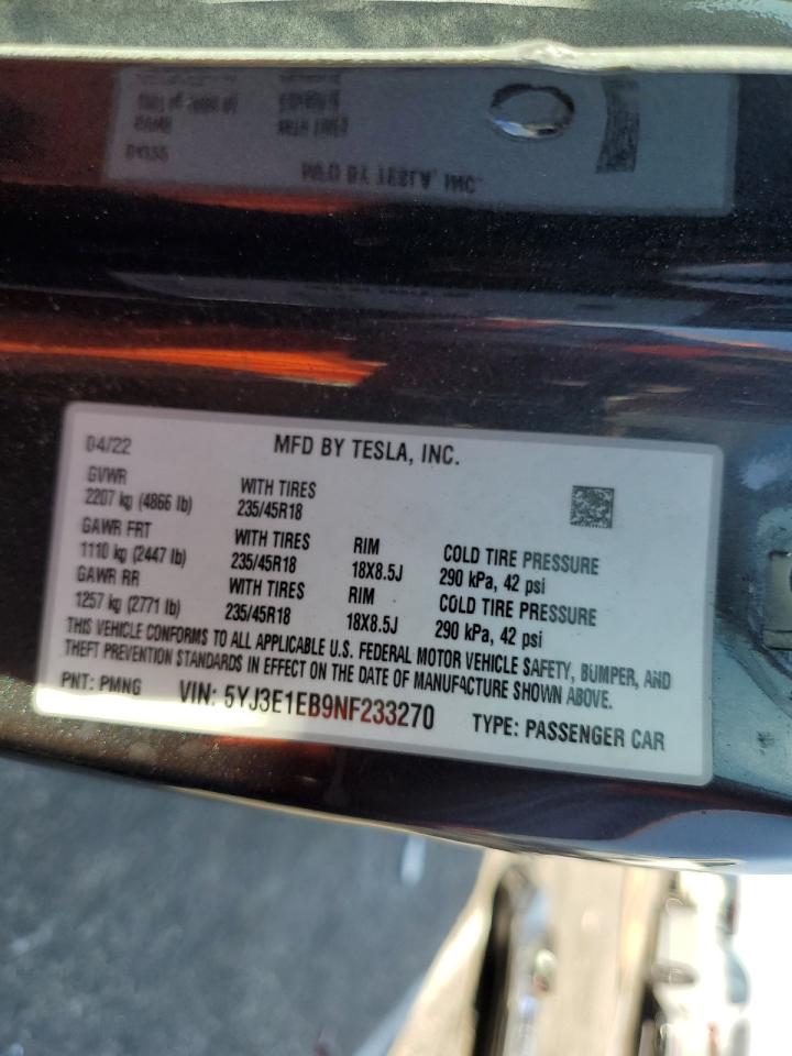 5YJ3E1EB9NF233270 2022 Tesla Model 3