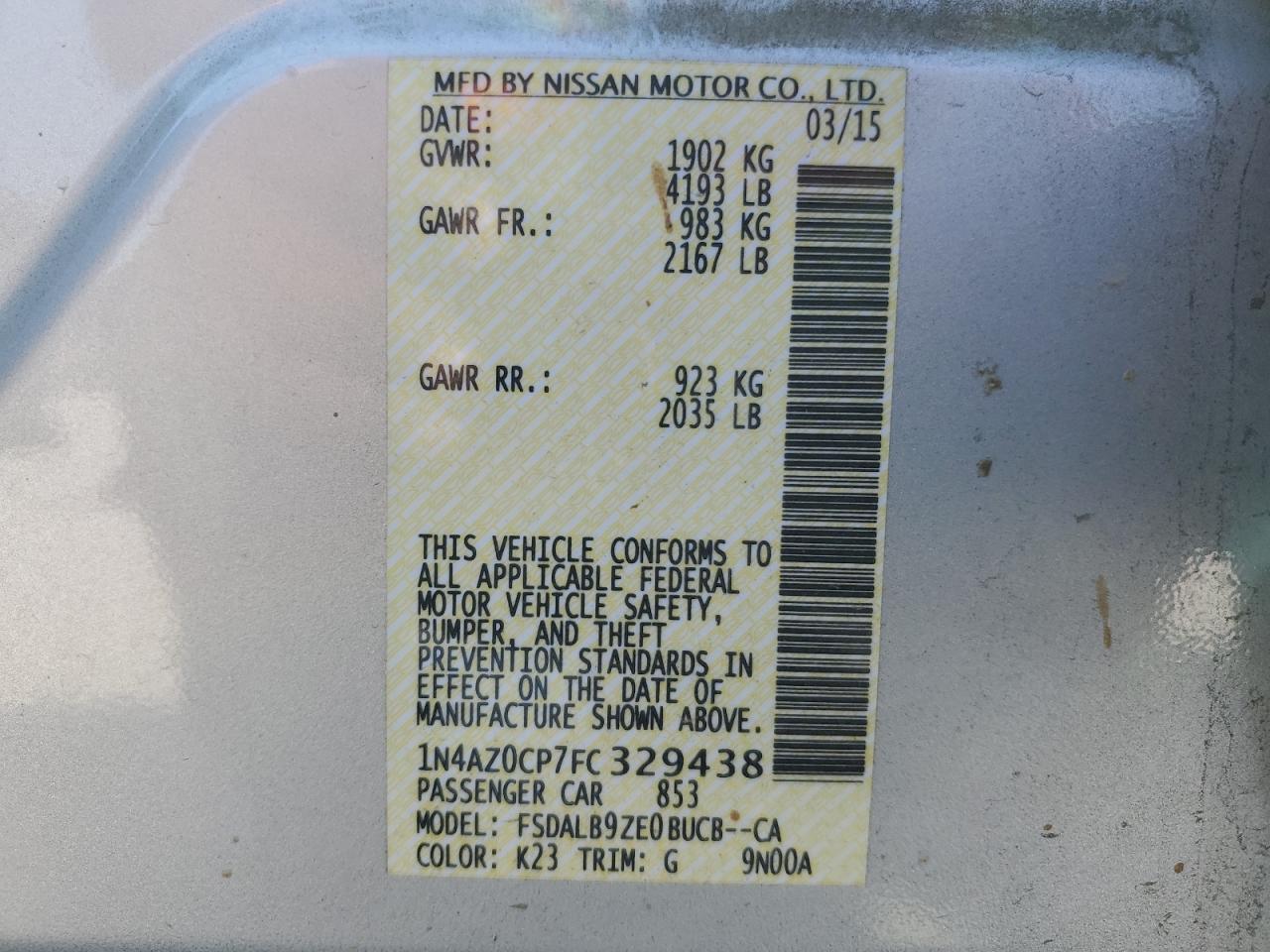 VIN 1N4AZ0CP7FC329438 2015 NISSAN LEAF no.12