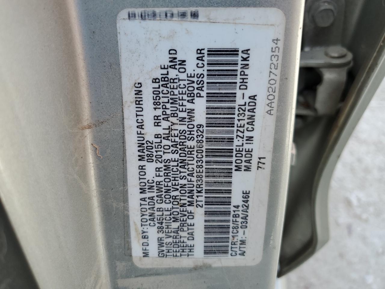 2003 Toyota Corolla Matrix Xr VIN: 2T1KR38E83C068329 Lot: 74732934