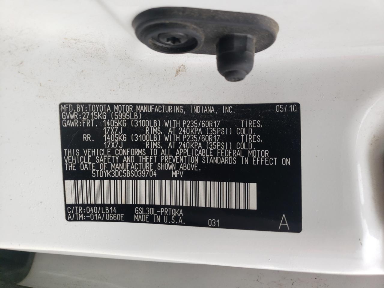 5TDYK3DC5BS039704 2011 Toyota Sienna Xle