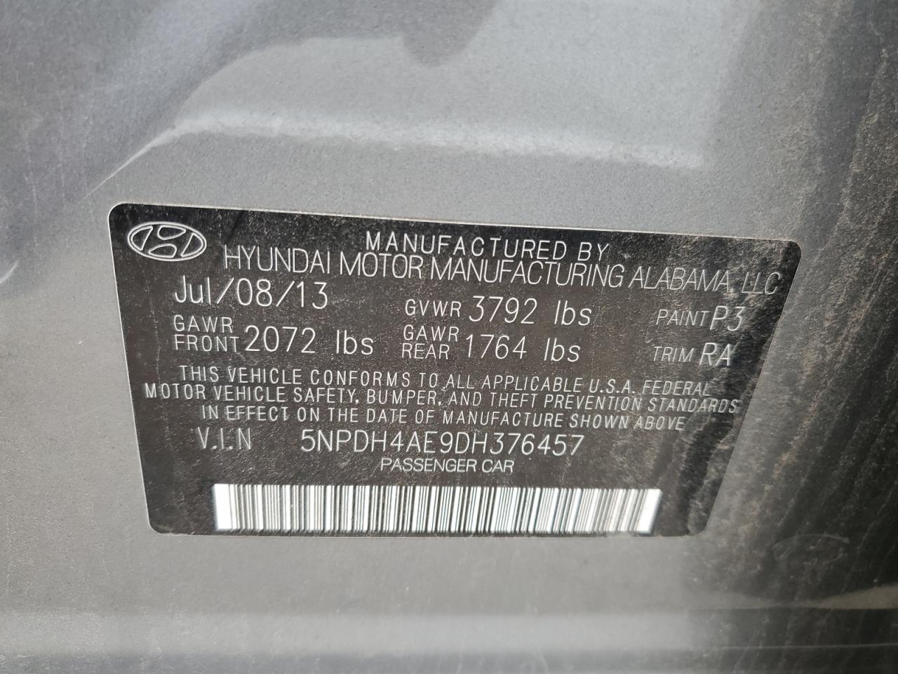 5NPDH4AE9DH376457 2013 Hyundai Elantra Gls