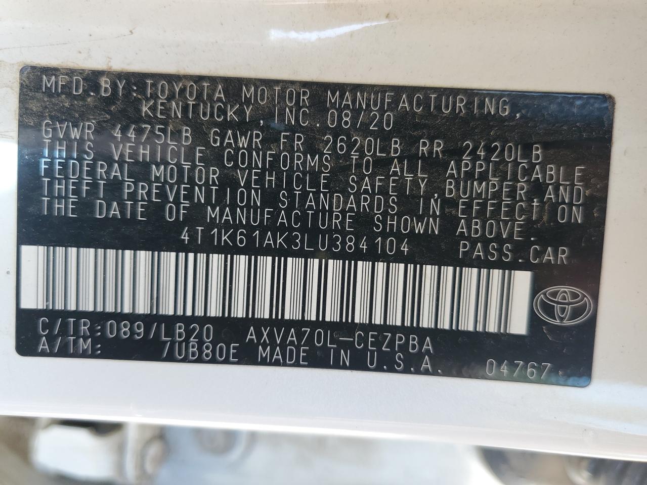 4T1K61AK3LU384104 2020 Toyota Camry Xse