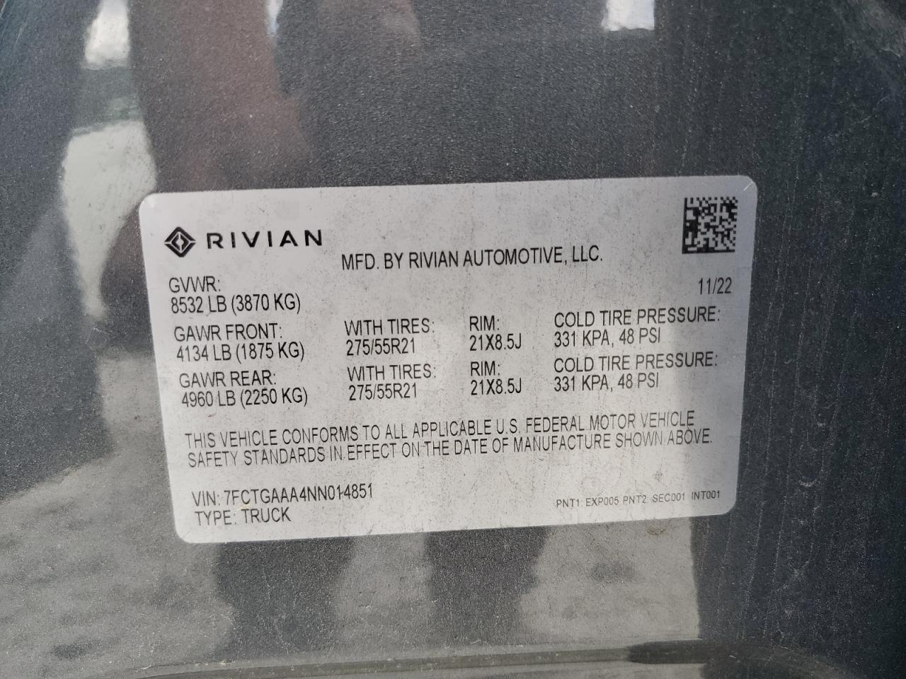 2022 Rivian R1T Adventure VIN: 7FCTGAAA4NN014851 Lot: 78125584