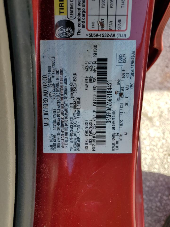 2006 Ford Fusion S VIN: 3FAFP06Z66R184421 Lot: 74212384