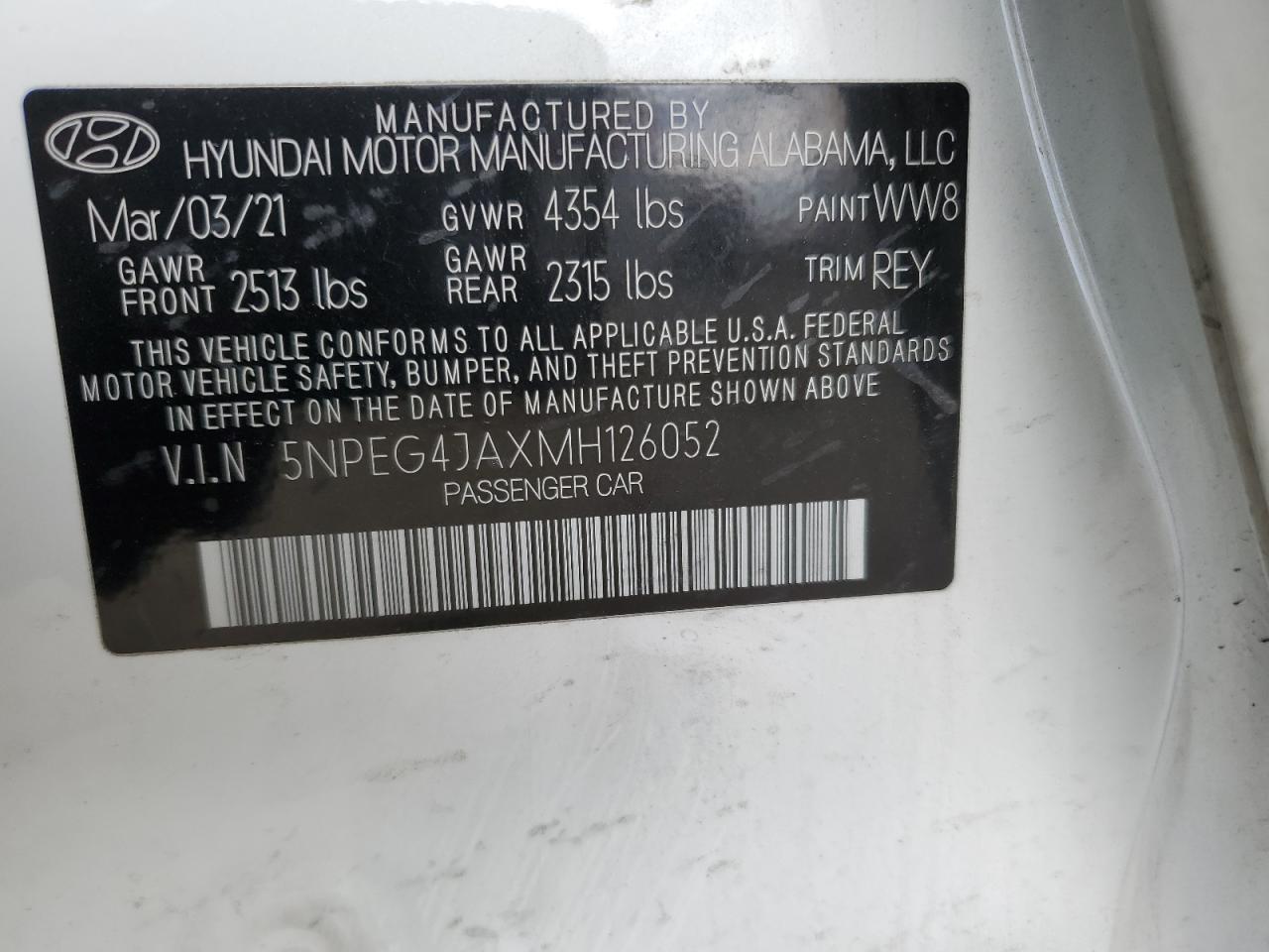 5NPEG4JAXMH126052 2021 Hyundai Sonata Se