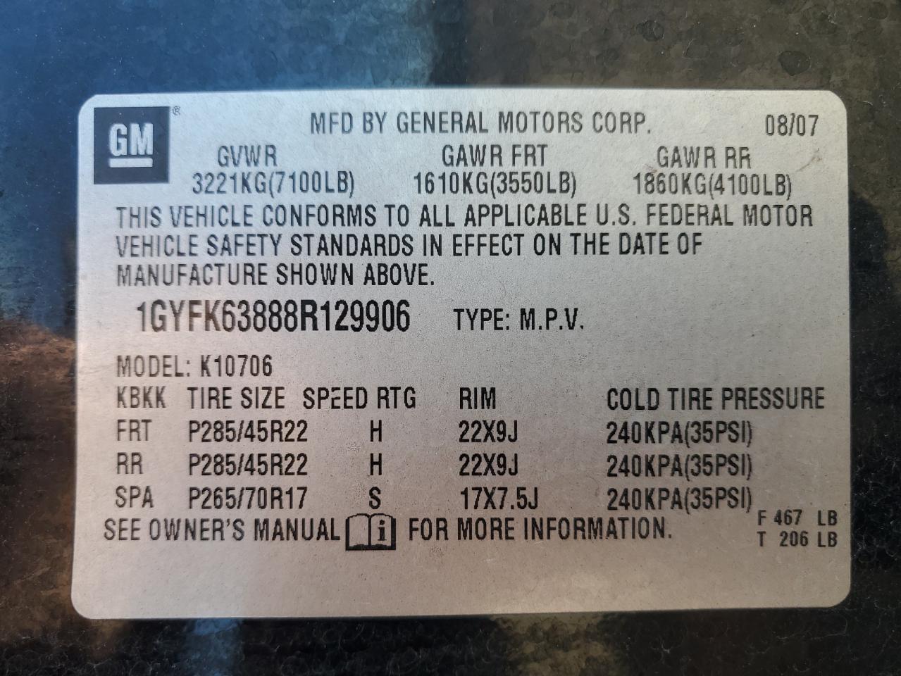 1GYFK63888R129906 2008 Cadillac Escalade Luxury