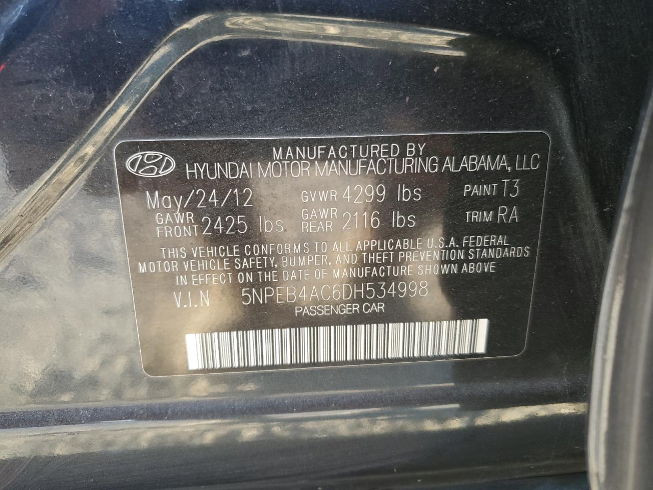 2013 Hyundai Sonata Gls VIN: 5NPEB4AC6DH534998 Lot: 75591894