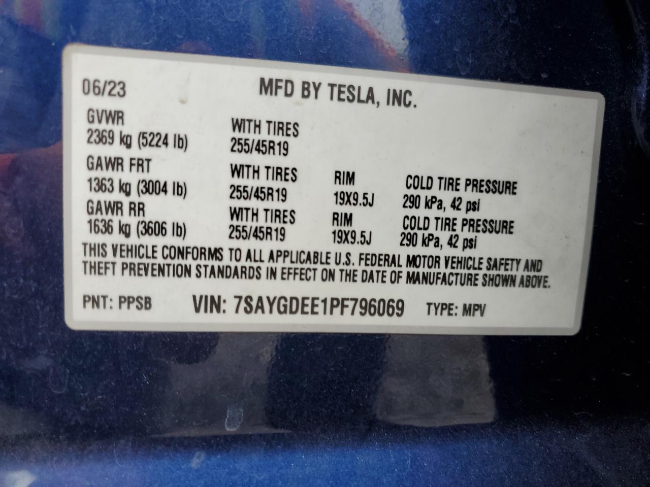 2023 Tesla Model Y VIN: 7SAYGDEE1PF796069 Lot: 75936444