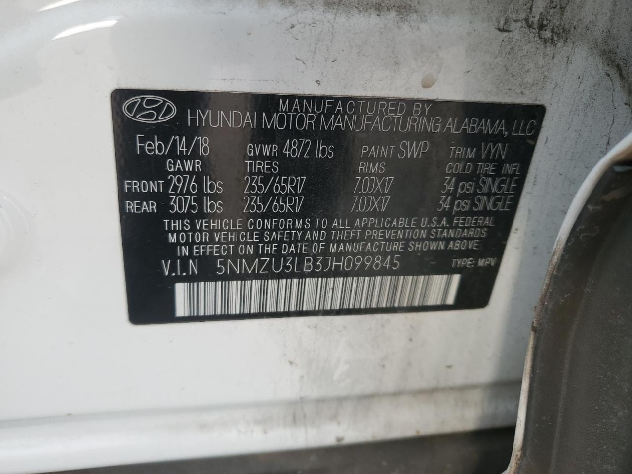 5NMZU3LB3JH099845 2018 Hyundai Santa Fe Sport