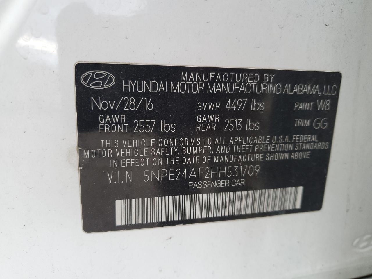 VIN 5NPE24AF2HH531709 2017 HYUNDAI SONATA no.13