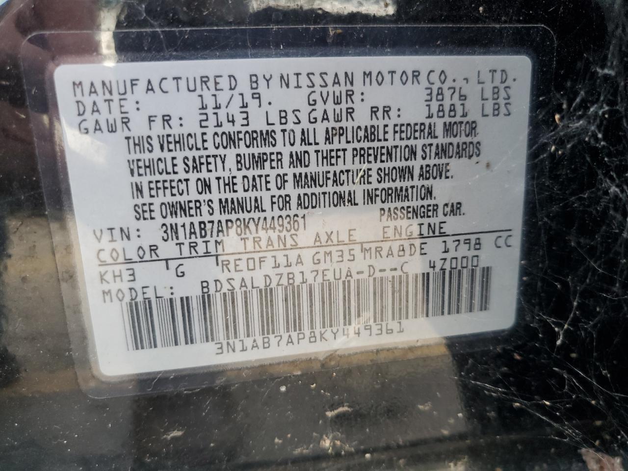 3N1AB7AP8KY449361 2019 Nissan Sentra S