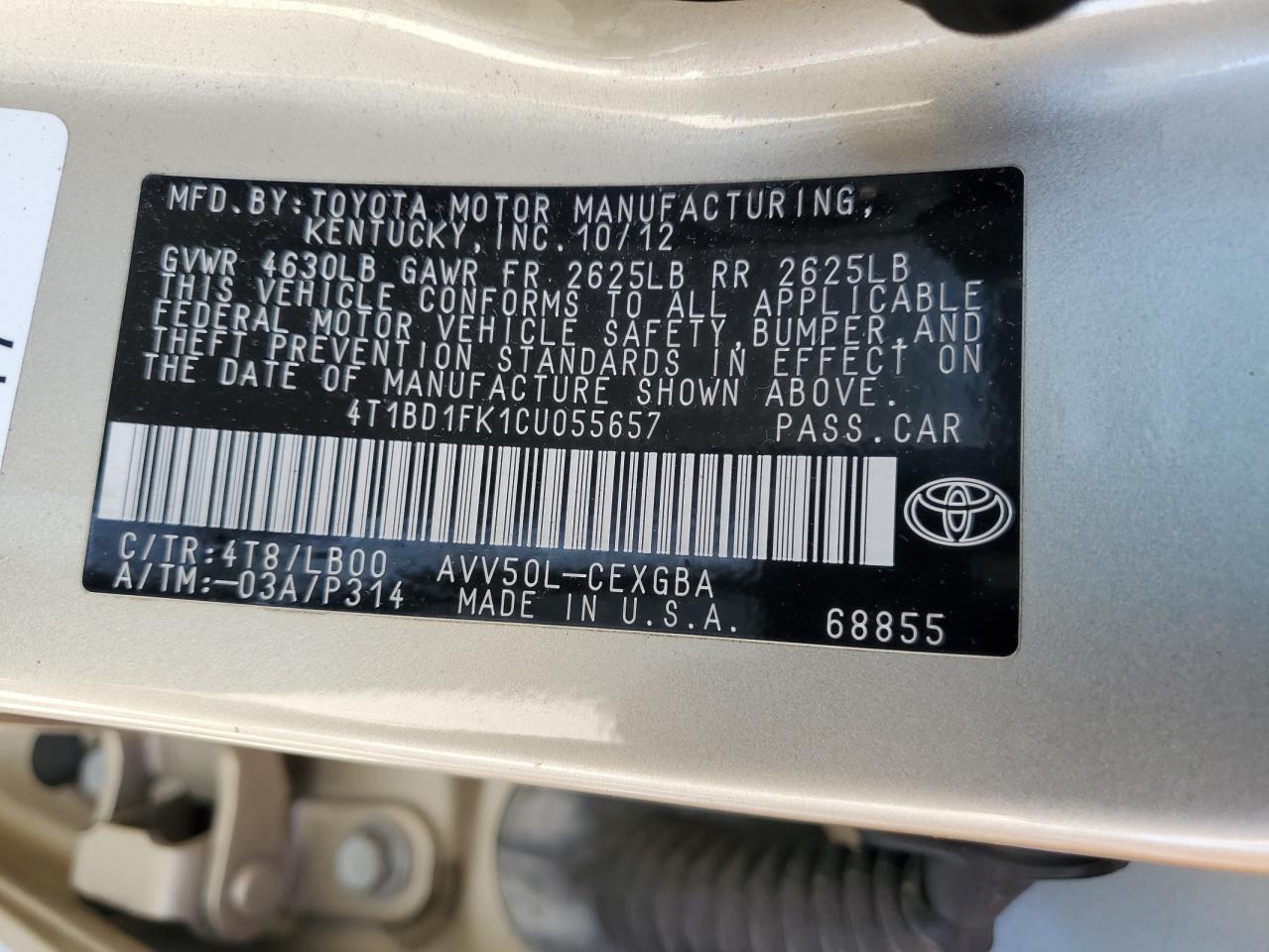 4T1BD1FK1CU055657 2012 Toyota Camry Hybrid