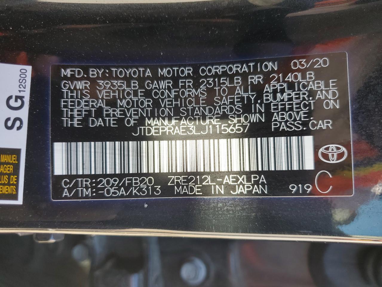 JTDEPRAE3LJ115657 2020 Toyota Corolla Le