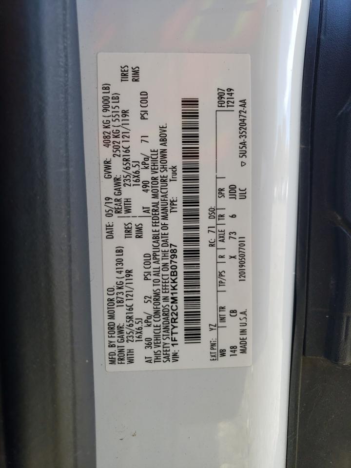 2019 Ford Transit T-250 VIN: 1FTYR2CM1KKB07987 Lot: 76952024