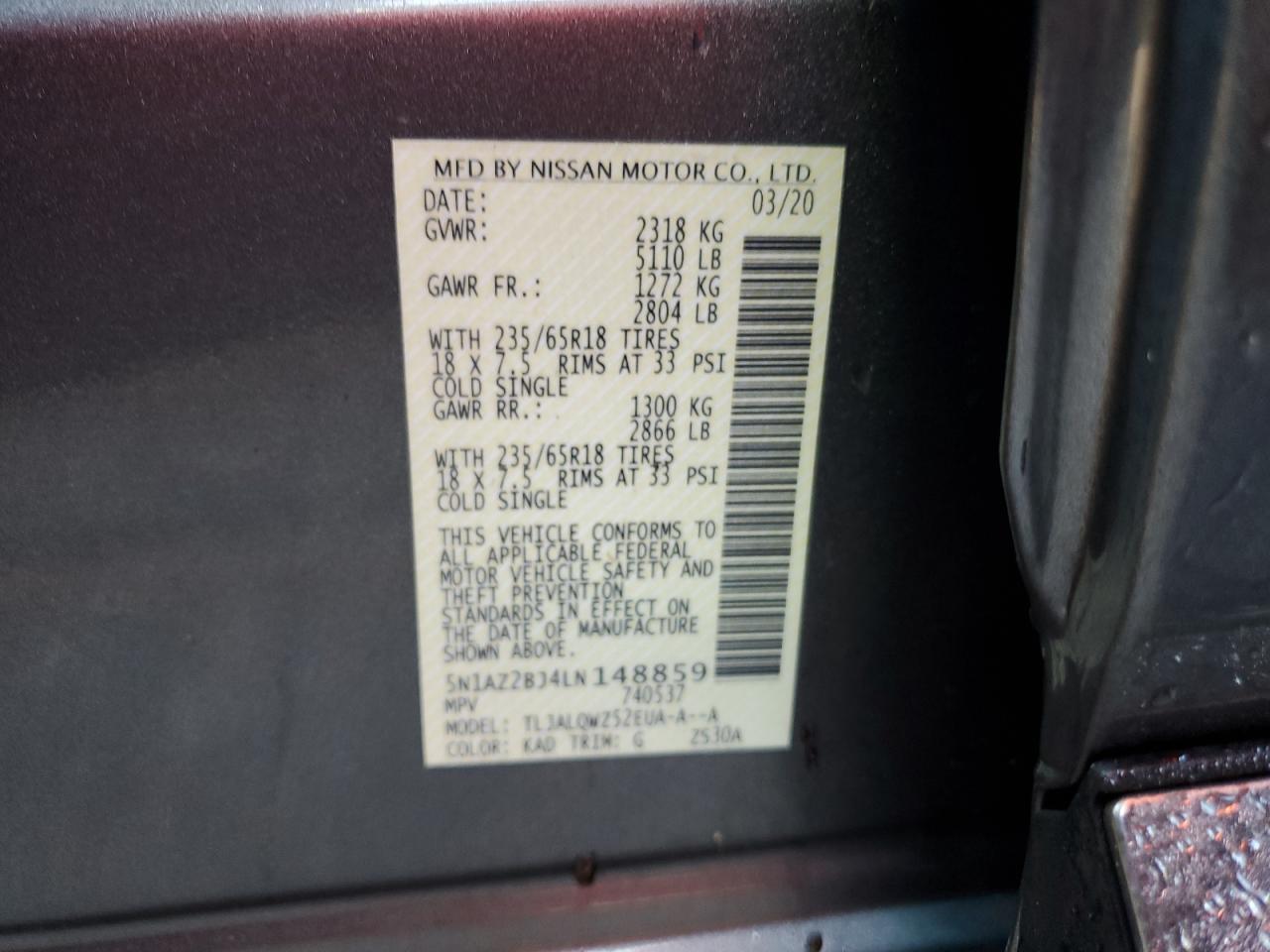 2020 Nissan Murano Sv VIN: 5N1AZ2BJ4LN148859 Lot: 74971554