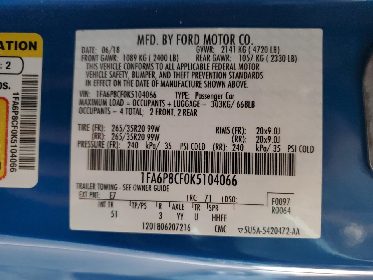 2019 Ford Mustang Gt VIN: 1FA6P8CF0K5104066 Lot: 76423724