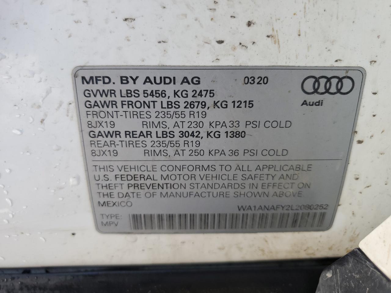 2020 Audi Q5 Premium VIN: WA1ANAFY2L2080252 Lot: 77835364