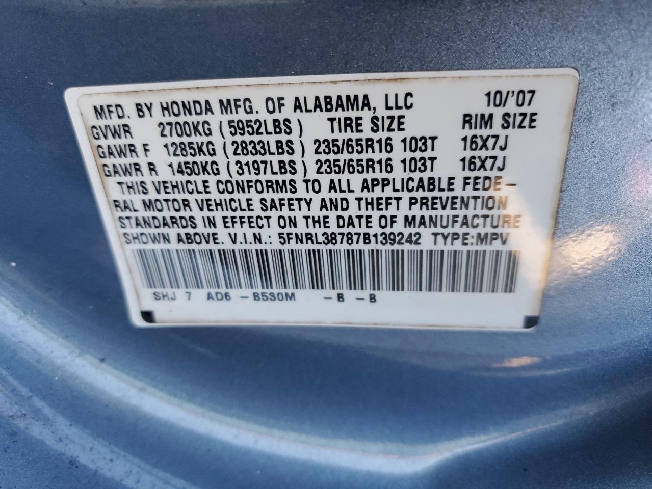 2007 Honda Odyssey Exl VIN: 5FNRL38787B139242 Lot: 74859144