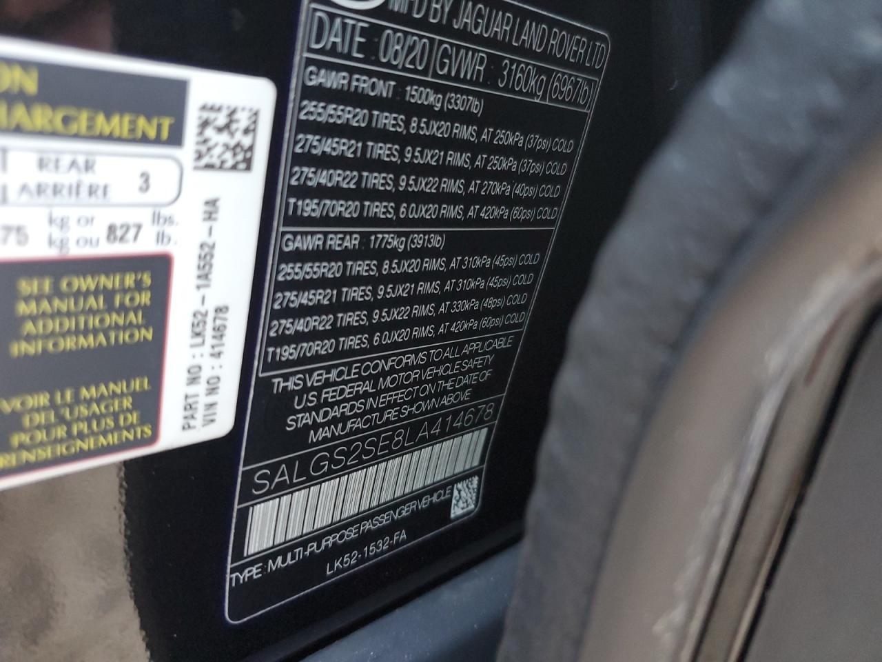 2020 Land Rover Range Rover P525 Hse VIN: SALGS2SE8LA414678 Lot: 75826534