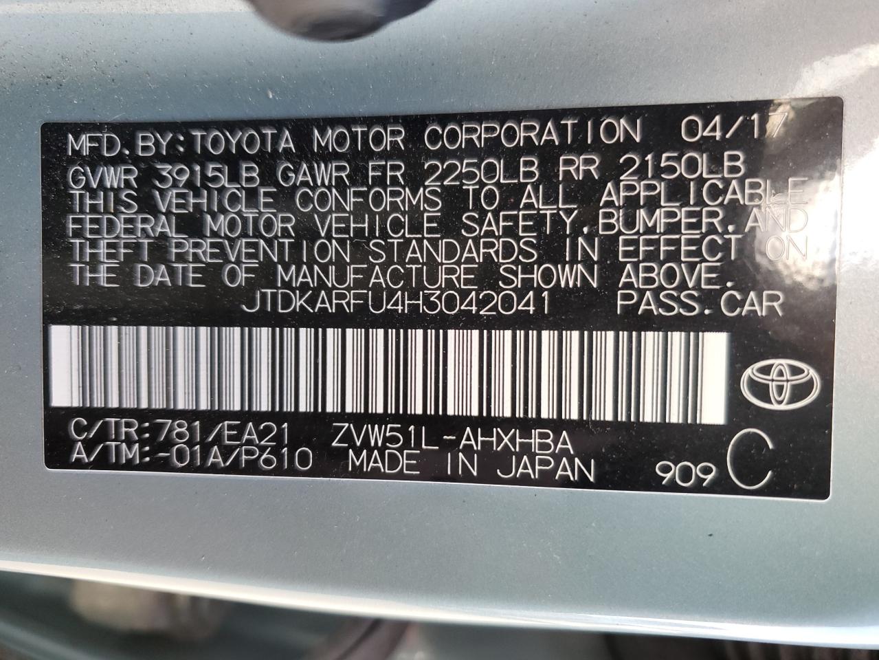 2017 Toyota Prius VIN: JTDKARFU4H3042041 Lot: 73497494