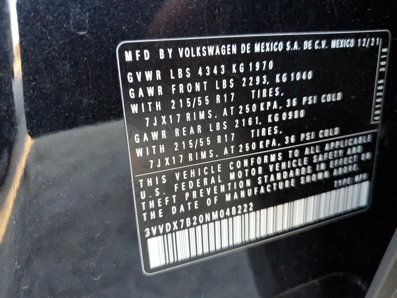 2022 Volkswagen Taos S VIN: 3VVDX7B20NM048222 Lot: 76062404