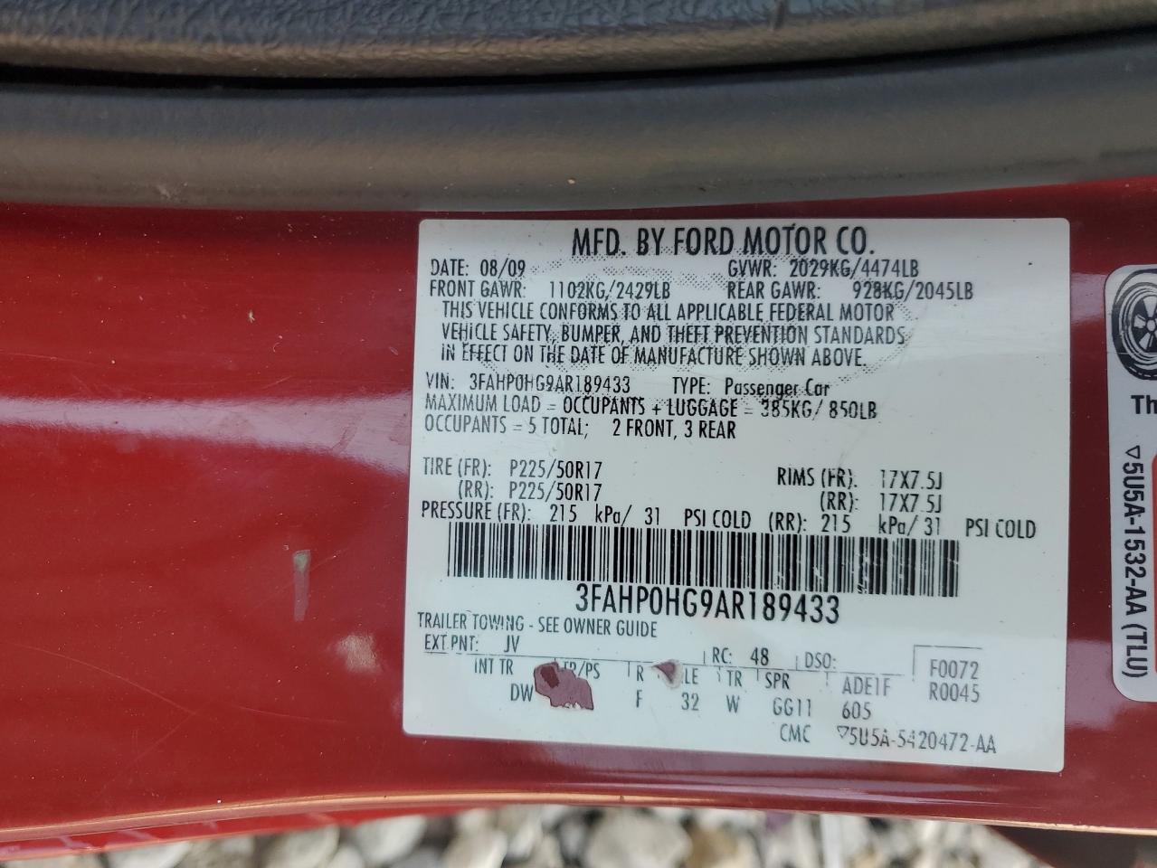 2010 Ford Fusion Se VIN: 3FAHP0HG9AR189433 Lot: 78086764