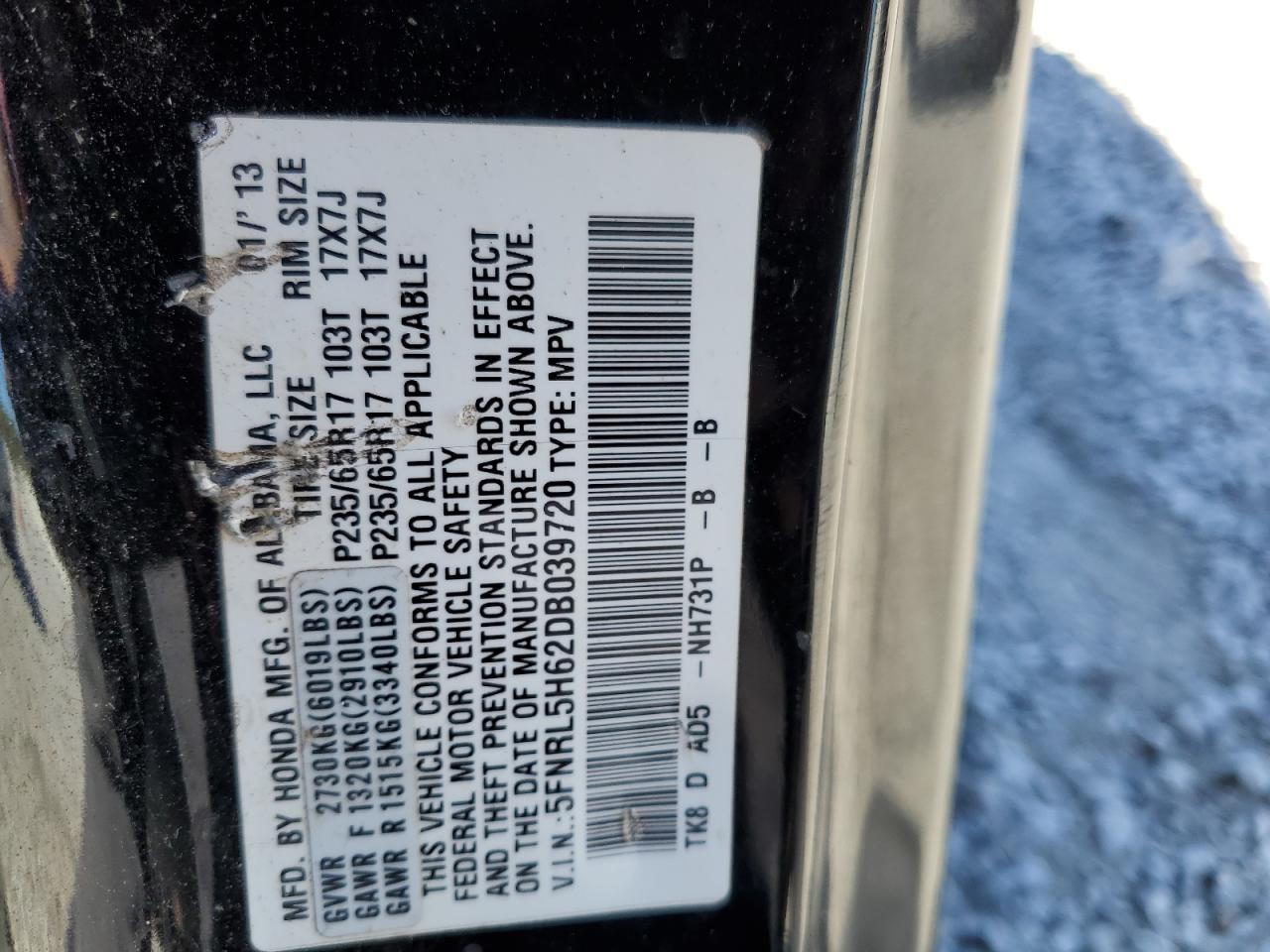 5FNRL5H62DB039720 2013 Honda Odyssey Exl